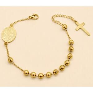St. Benedict Gold-Plated Stainless-Steel Bead Cross Bracelet Lightweight Dainty